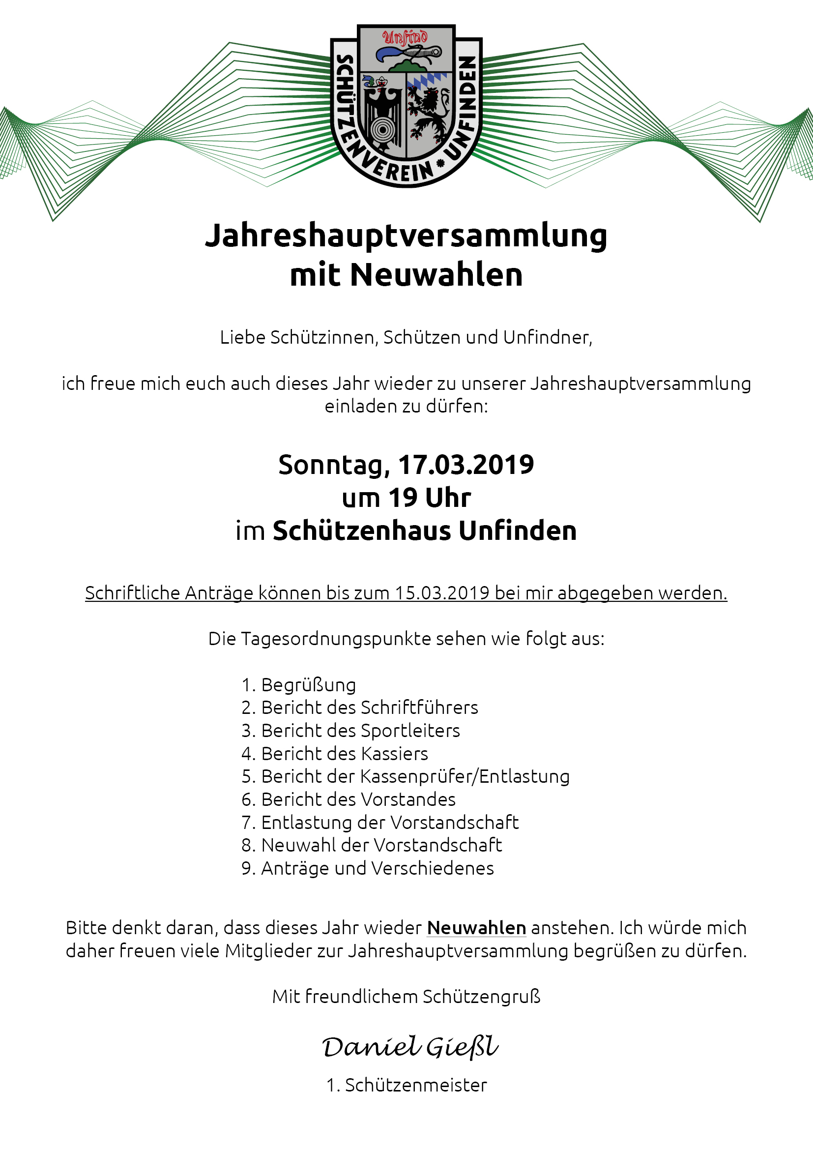 Einladung zur Jahreshauptversammlung 2019 mit Neuwahlen am 17.03.2019 um 19 Uhr im Schützenhaus Unfinden.